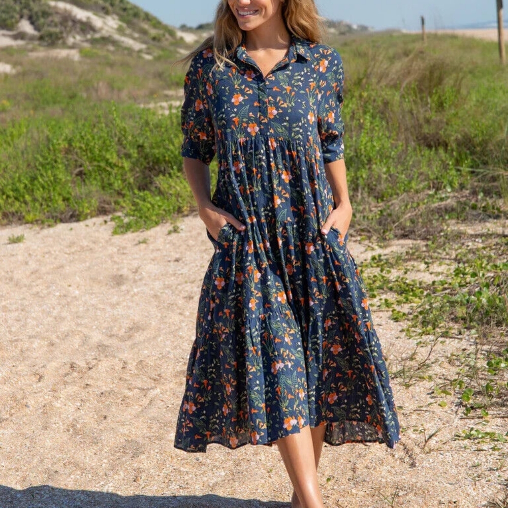 Natural Life Rebecca Floral Navy Midi Dress with Pockets